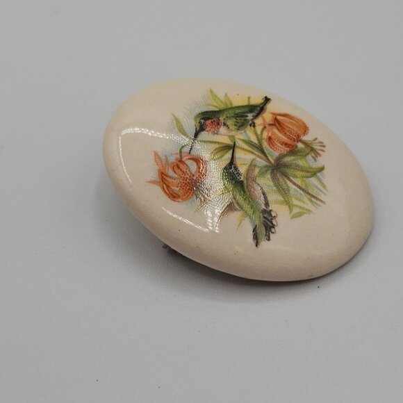 VTG Ceramic Porcelain Cabochon Transferware Flora Fauna Hummingbird Brooch Pin - Picture 7 of 10